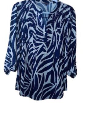 Ava & Grace Womens Tunic Blouse Navy Tan Abstract Zebra Print Studded L